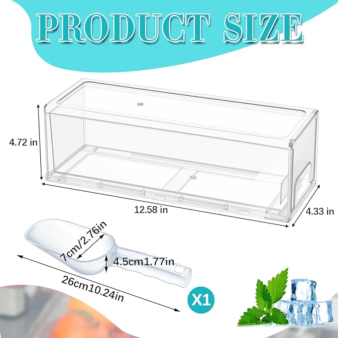 Havawish 1 Set Ice Container for Freezer with Scoop, Ice Storage Bin with Lid, Pull out Freezer Bin Organizer for Refrigerator, Clear Stackable Holder, Medium 12.6 x 4.7 x 4.3 Inch