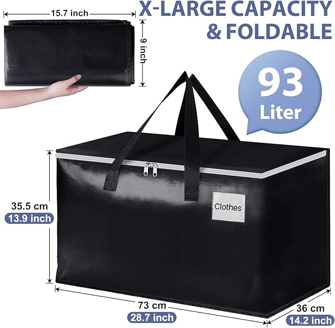StorageRight Heavy Duty Moving Boxes-Moving Bags with Zipper, Reinforced Handles and Tag Pocket-Collapsible Moving Supplies-Totes for Storage Great for moving, Storage and Travel 93L(Black-10 Pack)