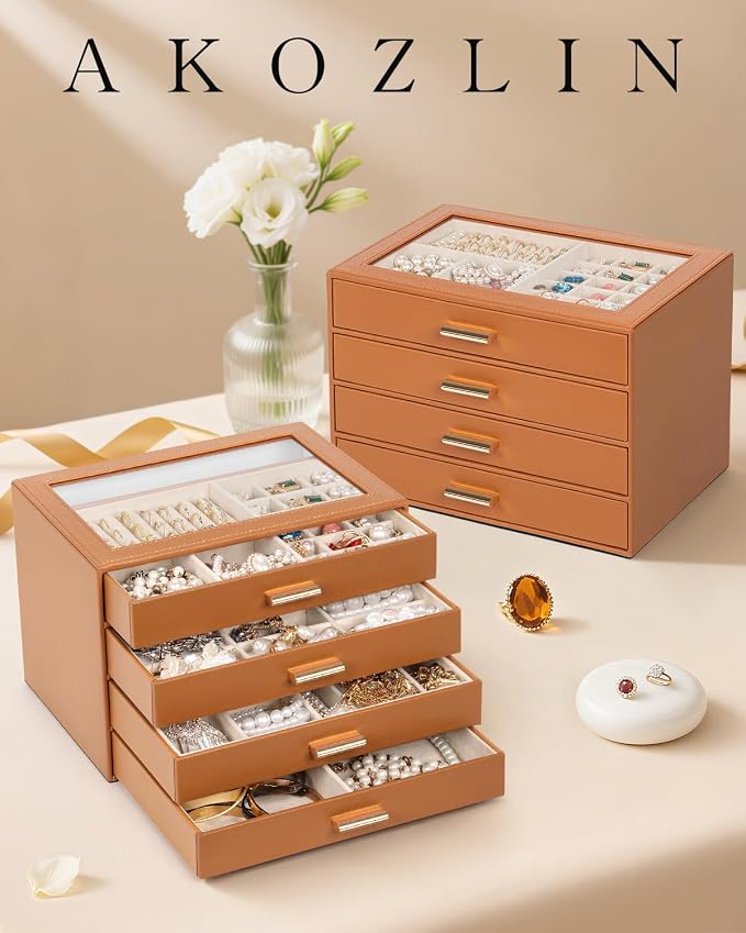 AKOZLIN Jewelry Box with Clear Lid Functional Leather Jewelry Storage Organizer Case 4 Drawers for Women Girls Necklace Ring Bracelet Earring Orange
