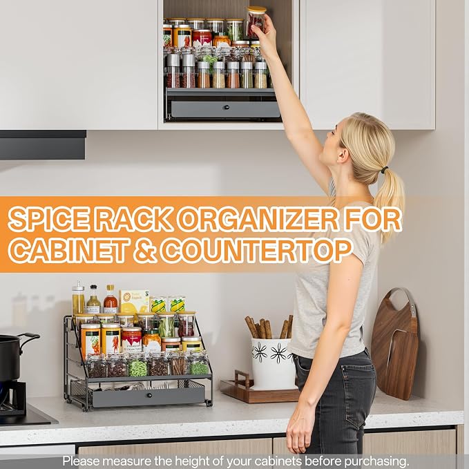 DTUQYX Spice Rack Organizer for Cabinet: 4 Tier Adjustable Spice Rack Organization with Drawer, Depth Metal Shelf for Kitchen Countertop, Cupboard, Pantry, Holds Seasoning and Condiments (Black)