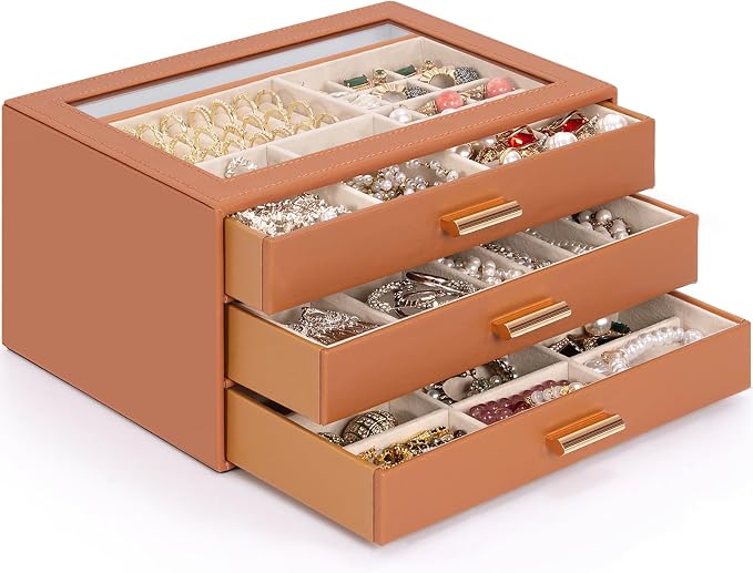 AKOZLIN Jewelry Box with Clear Lid Functional Leather Jewelry Storage Organizer Case 3 Drawers for Women Girls Necklace Ring Bracelet Earring