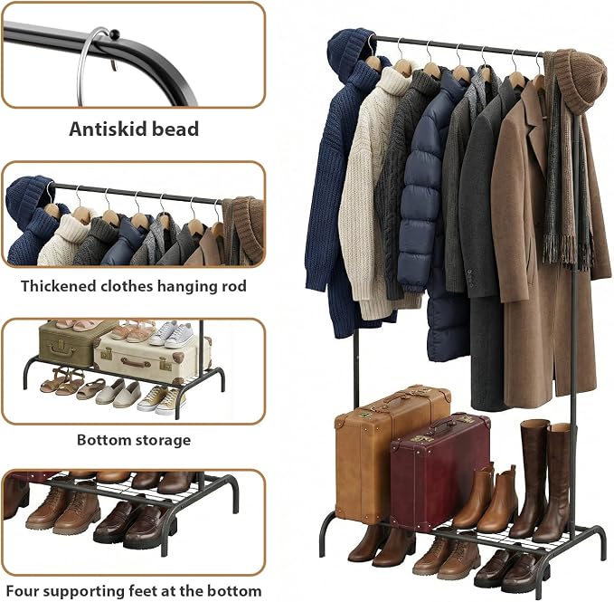 Black Clothing Rack 2 Pack for Small Spaces, Freestanding Metal Garment Rack with Bottom Shelf, Stable Clothes Organizer for Bedroom, Apartment, Dorm Room, 92LBS Capacity
