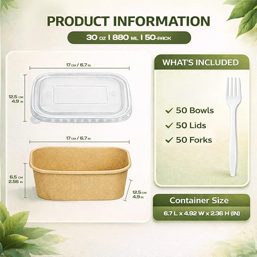 TOPtoper 50 Pack 25 OZ Disposable Meal Prep Containers with Lids and Forks, Large Kraft Paper Bowls for Party, Disposable Food Containers with Lids, Freezer and Microwave Safe Meal Prep Containers