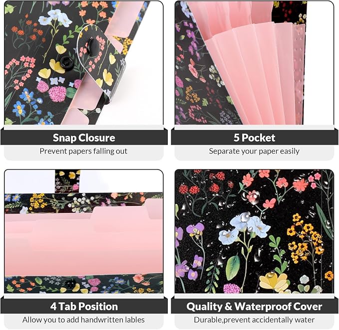 SKYDUE Accordion File Organizer, Floral Expanding File Folders with 5 Pockets, Cute Document Organizer for Paper Bills Receipt Storage, School Office & Hospital Supplies Letter/A4 Size Black
