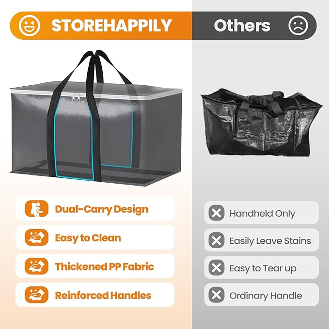 StoreHappily Heavy-Duty & Extra Capacity Moving Bags with Backpack Straps, Storage Totes with Double Zipper & Strong Handles, Packing Bags Alternative to Moving Boxes, Moving Supplies (4 Pack, Black)