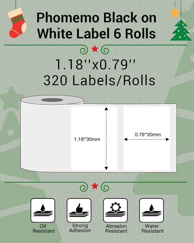 Phomemo Sticker Labels 1.18" x 0.79" (30x20mm) 6 Rolls, for M110/M110S/M120/M200/M220 Printer - Black on White, for Small Business, Home, Office, Total of 1800 PCS