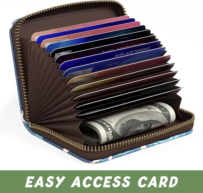 Aiawoxc Credit Card Holder, Small RFID Wallet Slim Leather Card Organizer Case with Zipper and Keychain, Japanese Wave02