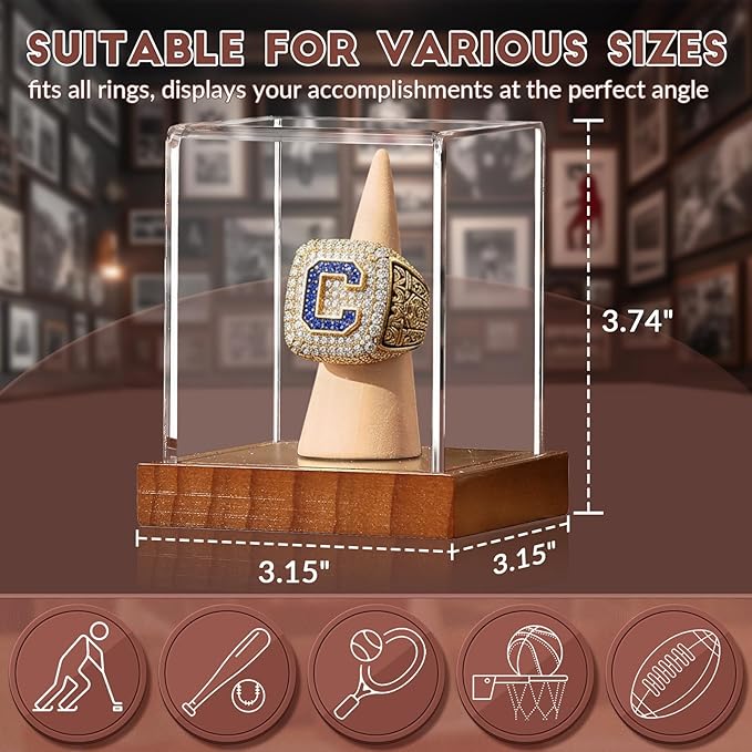 JupDec Championship Ring Display Case 2 Pack, Clear Acrylic Single Ring Holder with Wood Stand Base for Sports Basketball Baseball Fan Souvenirs Military, UV Protection