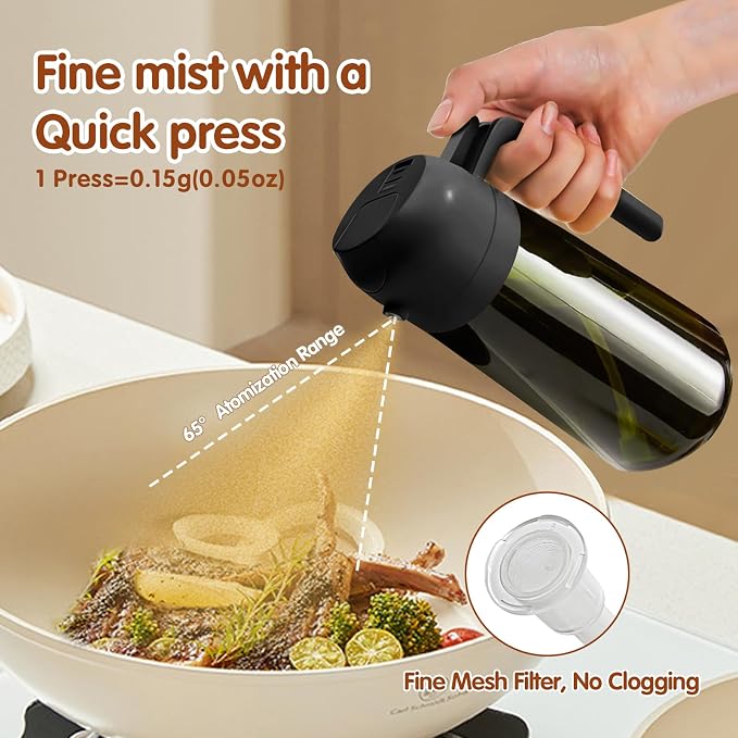 YARRAMATE 16oz/470ml Light-Blocking Dark Oil Sprayer for Cooking, 2 in 1 Olive Oil Dispenser Bottle for Kitchen, Premium Dark Green Glass Oil Bottle, Food-Grade Oil Mister for Air Fryer, BBQ (Black)