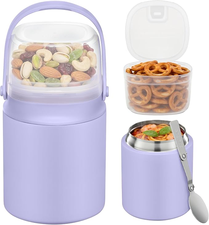 20oz Soup Thermo for Hot Food with a Snack Box Container，Leak Proof Insulated Lunch Container Kids and Adults，Stainless Steel Double Wall Vacuum Wide-mouth Food Jar with Spoon and Handle（Purple）