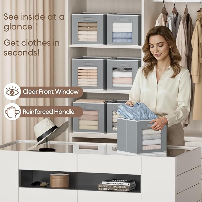 Homsorout Storage Cube 11 Inch - Cube Storage Bins with Window, Closet Storage Baskets with Handle, Fabric Bins for Closet, Shelves, Toys, Clothes, Set of 14, Grey