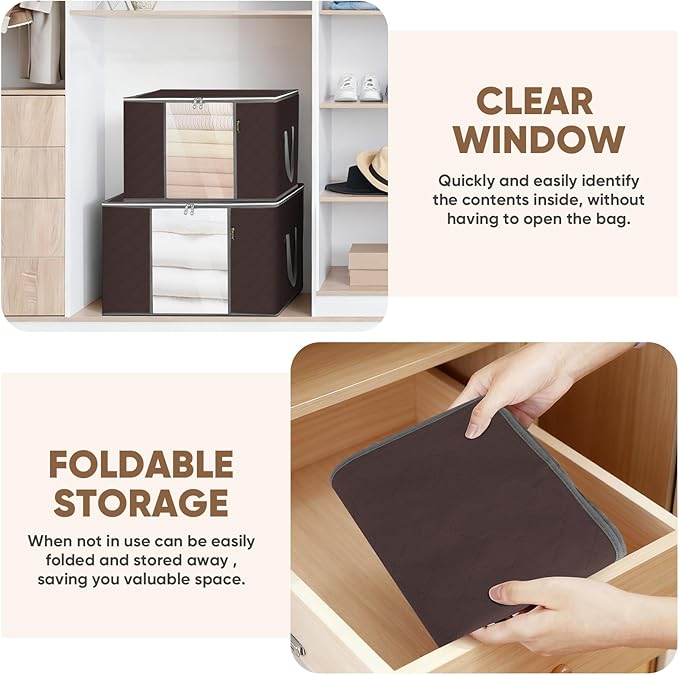 BALEINE 4 Pack Clothes Storage Bags, 24 Gallon Storage Containers with Reinforced Handle, Sturdy Zipper, Closet Organizer for Blanket, Comforter, Pillow, Bedding (Brown, 4 Pack)