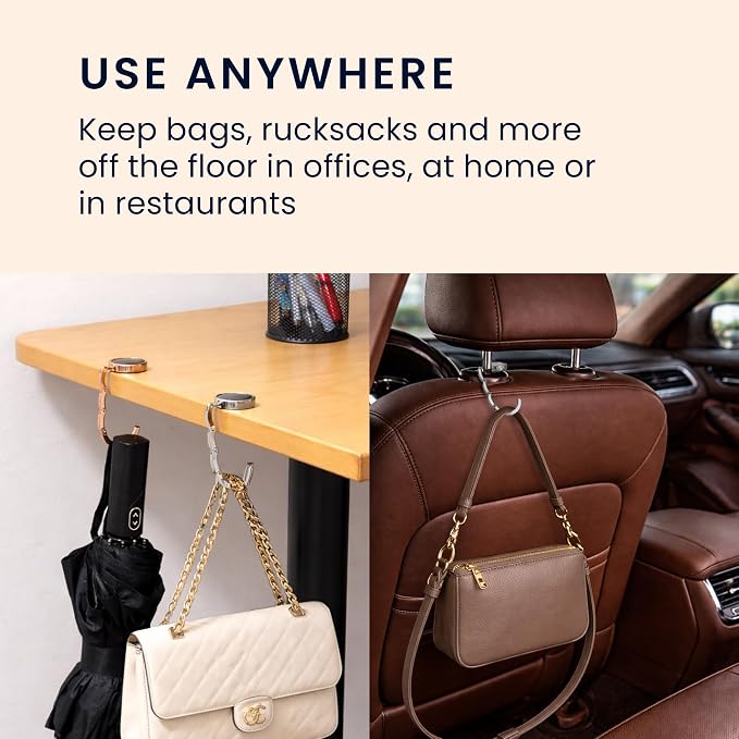 kwmobile Purse Hook for Table - Set of 2 Purse Holder - Folding Handbag Hanger - Portable Bag Holder - Bag Hooks for Desk - Table Hook Black/Copper