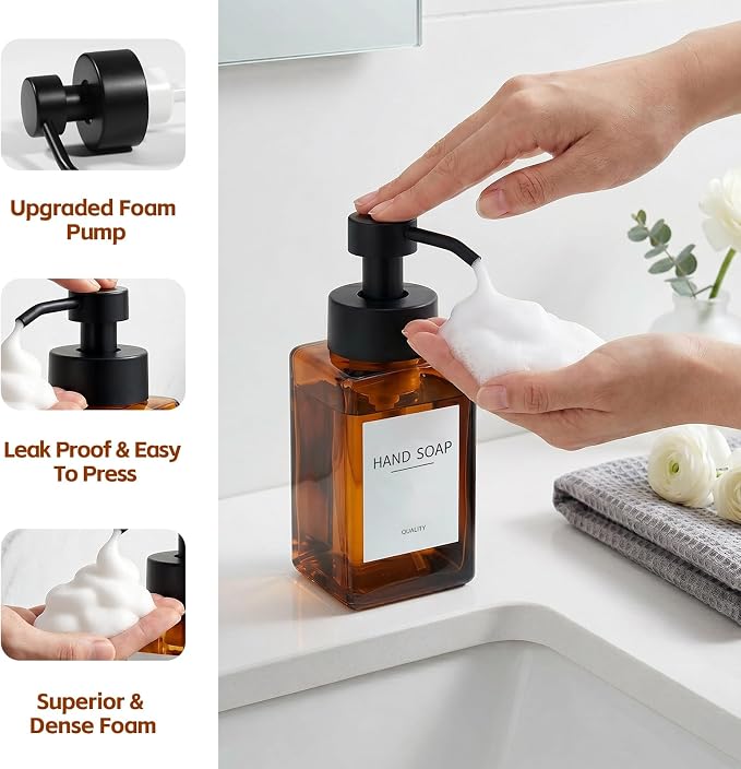 Foaming Hand Soap Dispenser, 12oz/350ml Glass Foaming Soap Dispenser, 2Pcs Foaming Soap Dispenser, Waterproof Labels, for Bathroom & Kitchen, Amber