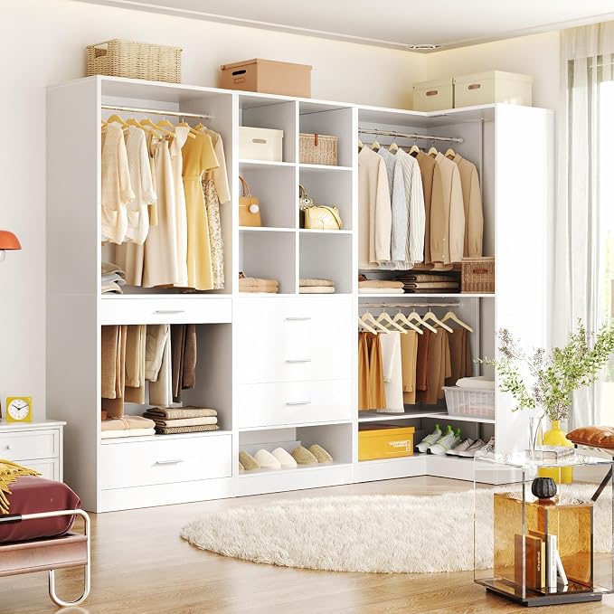 Homieasy Closet System Organizer with Drawers, Pants Rack, Cube Storage and Hanging Area – Wardrobe Organizer with Hanging Rods, Shoe Storage & Anti-Tip Kit – Expandable and Easy to Install, White