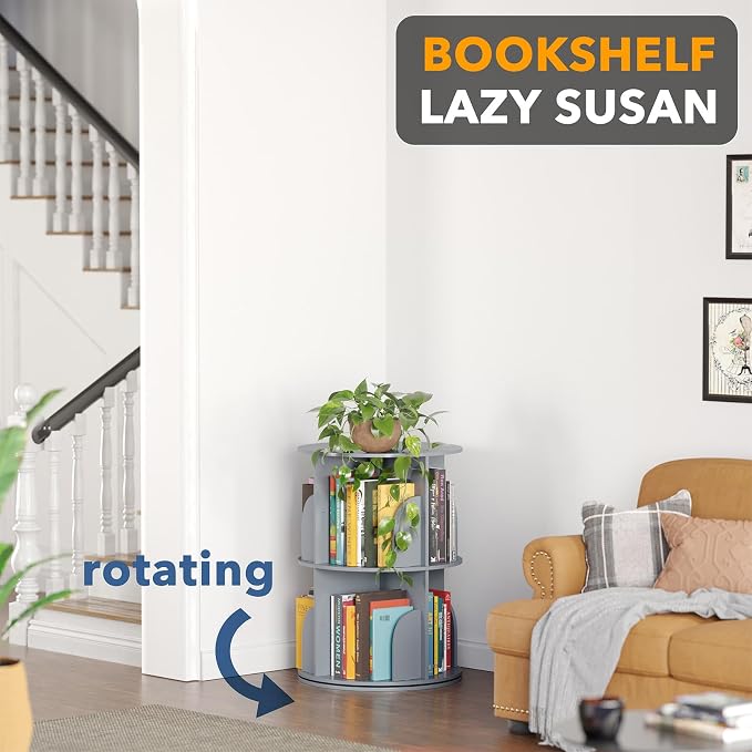 SpaceAid 2 Tier Rotating Bookshelf Tower, Spinning Bookcase Lazy Susan, Revolving 360 Book Shelf Storage Round Carousel, Vertical Rotate Turning Spiral Corner Organizer, Gray