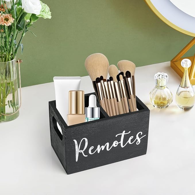 Remote Control Holder, Wooden TV Remote Holder for Table, Remote Caddy Organizer with 2 Compartments, Media Storage Box for Nightstand, Bedside (Black)