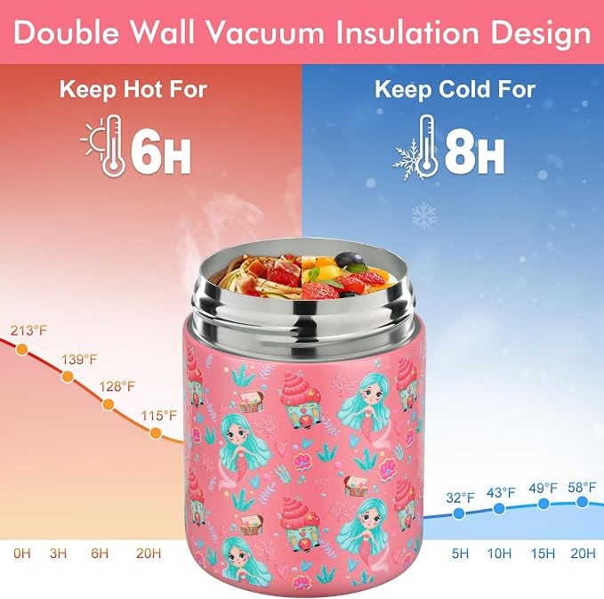 wiwens 12oz Soup Thermo for Hot Food Kids Insulated Food Jar Wide Mouth Lunch Container Leak Proof Stainless Steel Vacuum Bento Box for School Office Travel Outdoors Pink-Mermaid