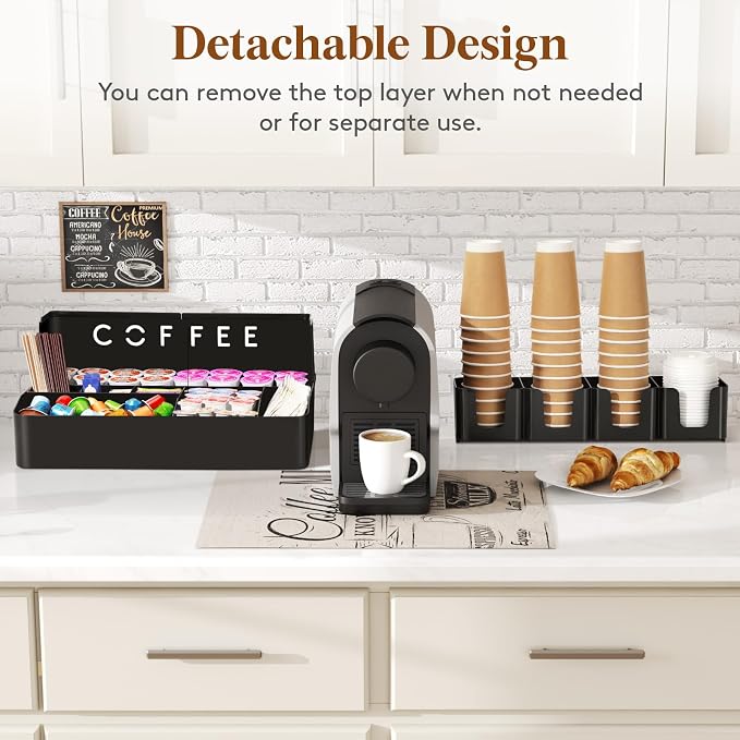 Lifewit 2-tier Coffee Station Organizer Caddy for Countertop, 11 Compartments Coffee Bar Organizers for Cups, Pods, Sugar, Compact Condiment Holders Storage for Office Breakroom Kitchen Home Black