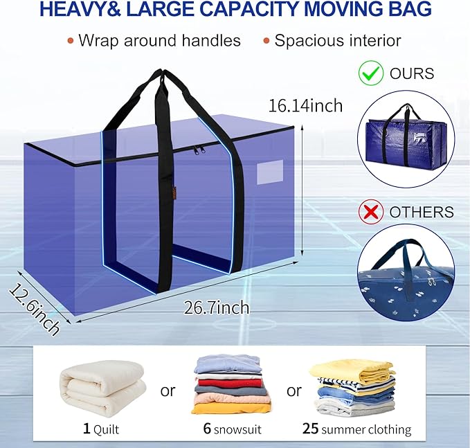 Cryster 6 Pack Moving Bags Heavy Duty, Extra Large Storage Totes Bag with Zippers and Sturdy Handles, Packing Bags for Moving, Storage, Travel, Space Saving, Moving Boxes College Essentials Blue