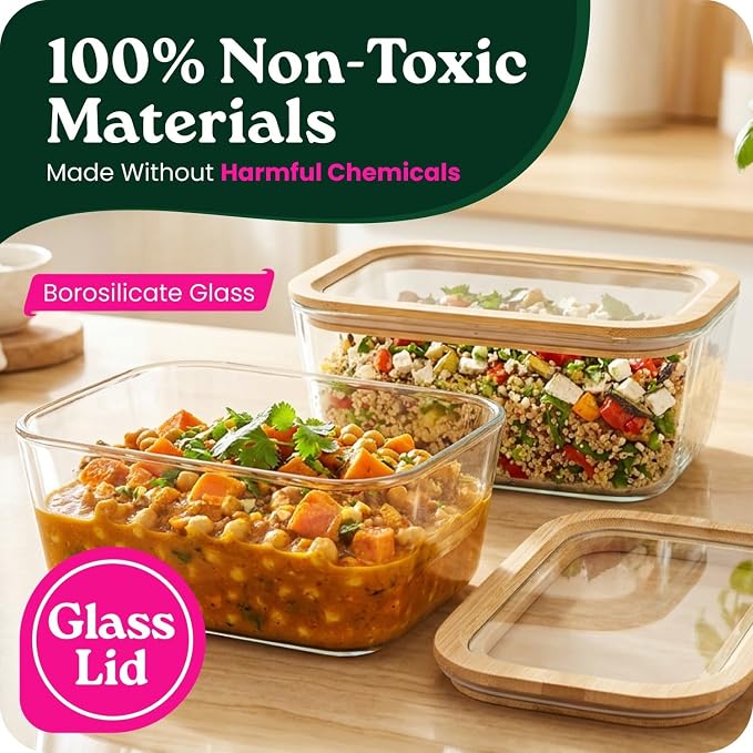 Large Glass Food Storage Containers with Clear-Top Bamboo Lids – 87Oz 2 Pack Plastic Free Glass Meal Prep Containers for Lunch, Eco Friendly Airtight Food Storage, Microwave & Oven Safe (87.7 Fl Oz)
