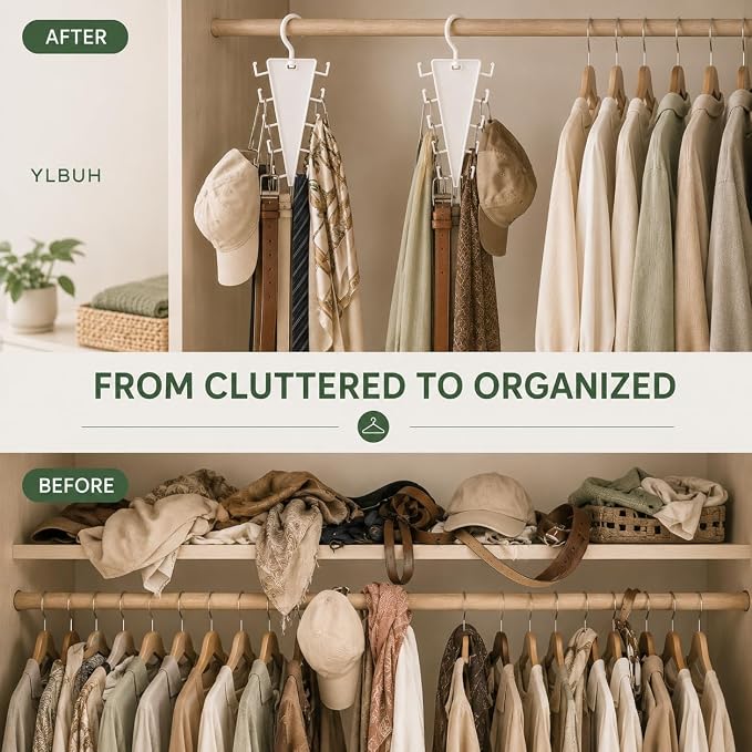 V Shaped Double-Sided Closet Organizer Hanger, 360° Rotating Multi-Layer Vertical Clothes Storage Rack with 12 Hooks, Space Saving Organizer for Hats, Scarves, Belts, Bags and Ties (2PC)
