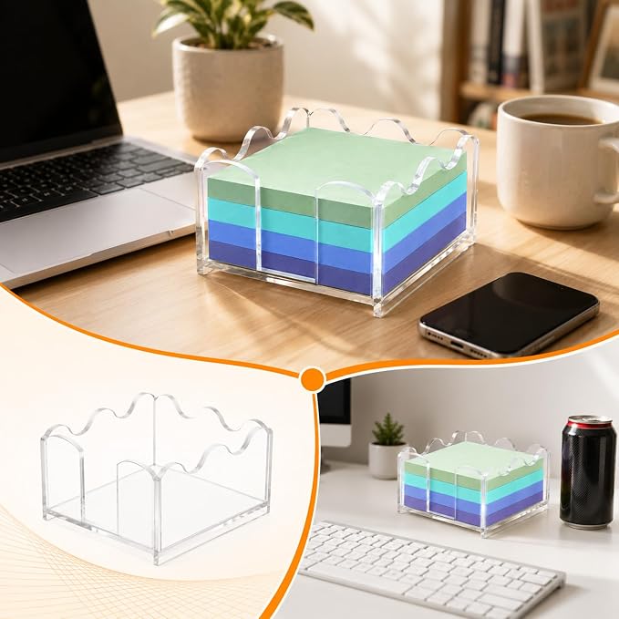 Clear Acrylic Sticky Note Holder Wavy Memo Pad Dispenser for Desk Storage | Acrylic Material, Elegant Wavy Border, Crystal Clear View, Compact Desk Organizer, Easy Access Top Opening