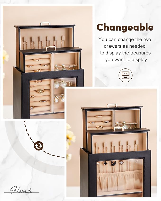 Homde Display Jewelry Box for Girls: Starter Organizer with Clear Window | Vertical Drawers for Earrings Rings Necklaces - Compact Footprint Fits Small Vanities - Birthday&Graduation Gift for Teens