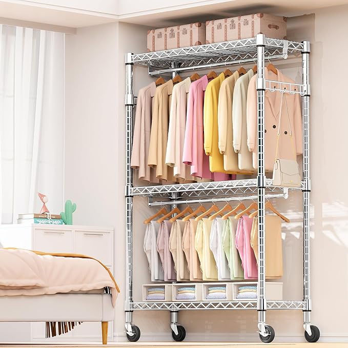 M MZG Heavy Duty Rolling Garment Rack 3 Tiers Adjustable Wire Shelving Clothes Rack with 2 Rods and Side Hooks, Storage Closet Clothing Rack with Wheels Chrome 17.7" D x 47.2" W x 83.6" H
