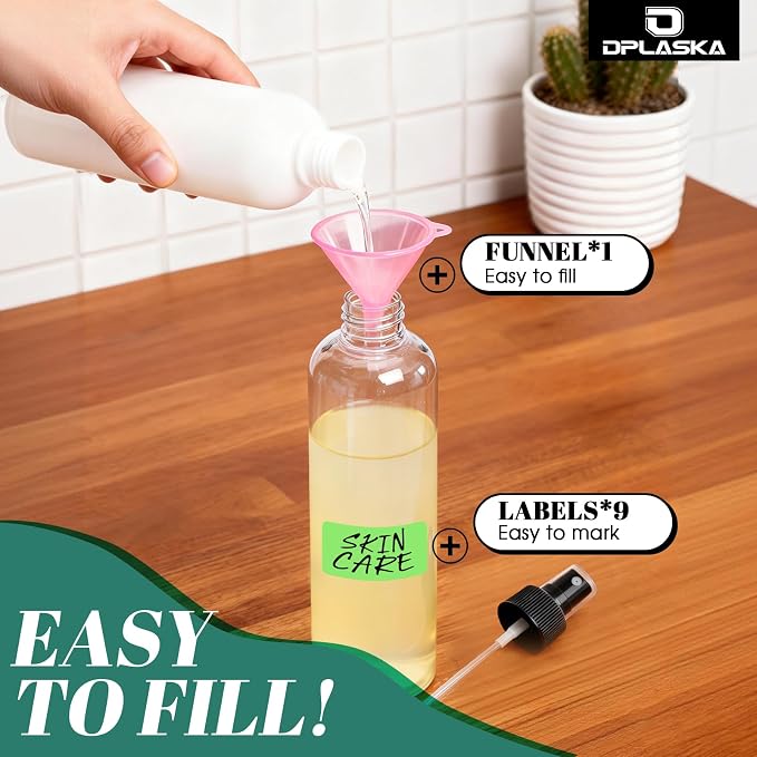 3 Packs 8 oz Green Plastic Spray Bottles, Black Fine Mist Sprayer | Refillable Empty Bottles with Cap, For Essential Oils, Perfumes, Travel, Cleaning Solutions, With Labels & Funnel