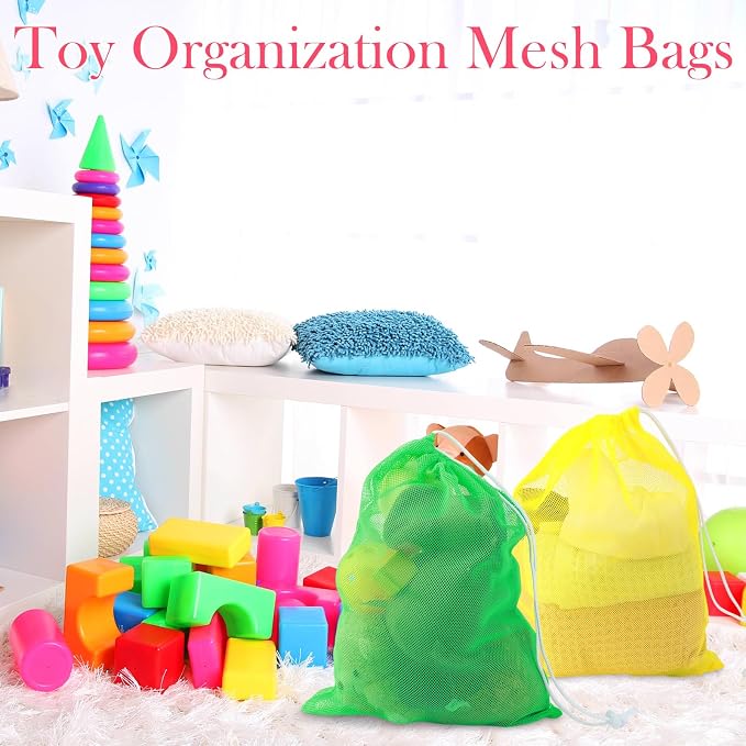 Frienda 6 Pieces Mesh Stuff Sack, 11 x 15 Inch Durable Nylon Drawstring Laundry Bag for Rinsing Beach Toys, Seashell Collecting, Mesh Bags for Travel(Rainbow Color)