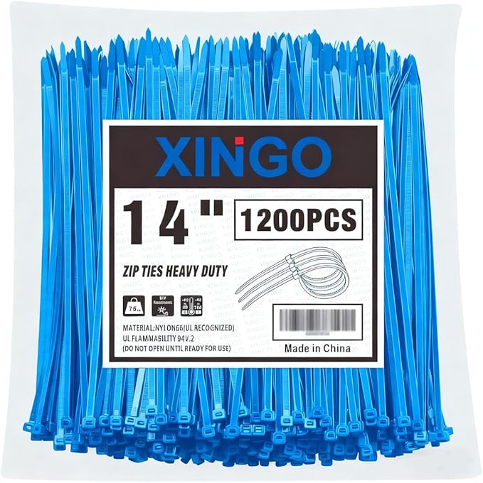 XINGO 14 Inch Blue Zip Ties 1200 PCS, 75 LBS Tensile Strength, UV Resistant Cable Ties, Premium Self-locking Plastic Ties for Indoor and Outdoor Use