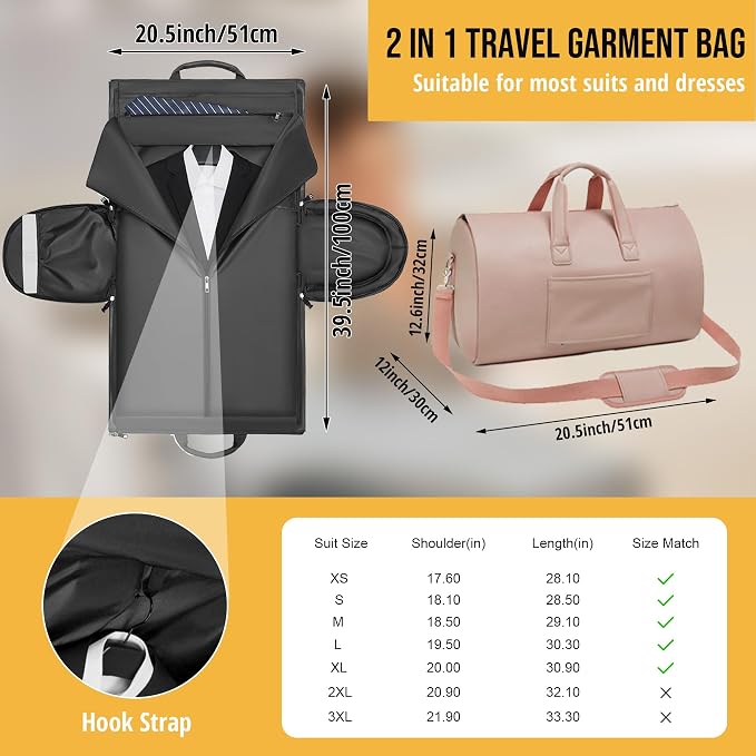 Convertible Garment Bag, Carry on Garment Duffel Bag with Shoulder Strap, Men's Women's Travel Clothing Bag with Shoe Compartment, 2-in-1 Hanging Suitcase Suit Business Travel Bag (Champagne)
