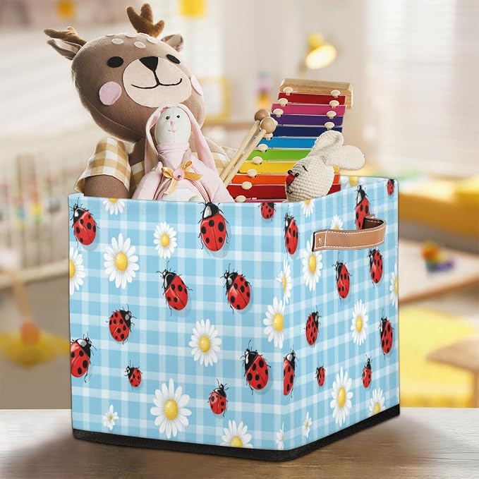 TropicalLife Floral Daisy Ladybugs Storage Cube, 13 Inch Fabric Cube Storage Organizer Bin for Shelves Clothes, Decorative Foldable Storage Boxes