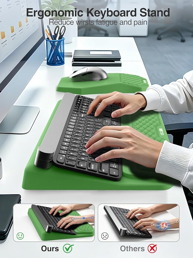 Ergonomic Wrist Rest with Keyboard Stand and Mouse Pad for Easy Typing | Keyboard Holder with Storage Slot, Mousepad for Carpal Tunnel Pain Relief with Massage Bulge and Slow Rebound Memory Foam