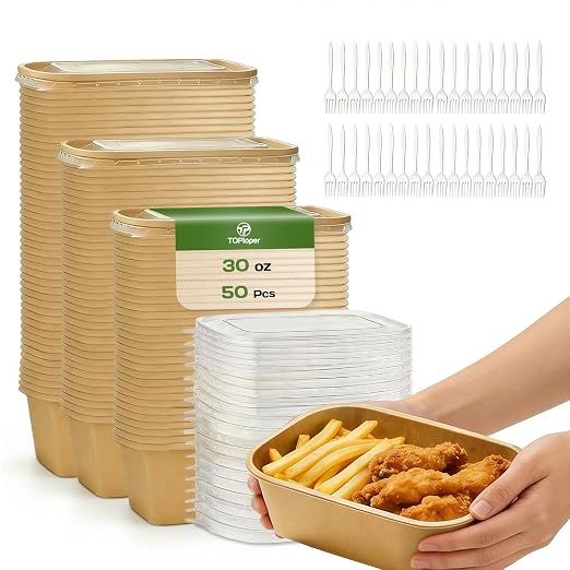 TOPtoper 50 Pack 30 OZ Disposable Meal Prep Containers with Lids and Forks, Large Kraft Paper Bowls for Party, Disposable Food Containers with Lids, Freezer and Microwave Safe Meal Prep Containers