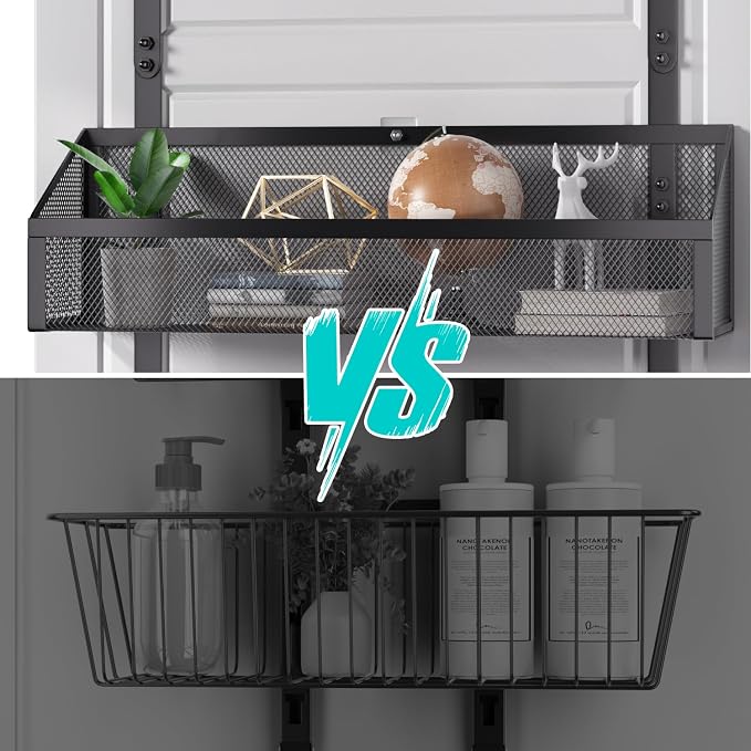 2-Tier Over Door Hook & Basket Organizer 12 Hooks + 2 Mesh Baskets for Bathroom Towels, Kitchen Pantry & Bedroom Storage, No-Drill Hanging Rack, Black