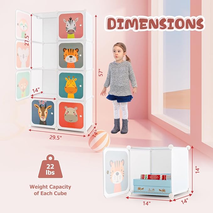 Costzon Kids Closet, Cartoon DIY Modular Dresser Storage Organizer with 8 Cubes & Clothes Hanging Rack, Portable Armoire for Baby Toddlers, Kids Wardrobe for Bedroom Nursery, White