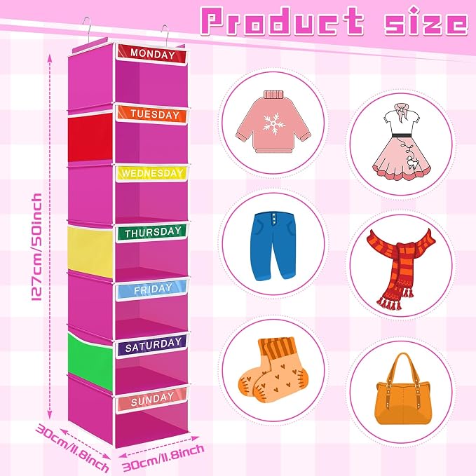 Amylove 2 Pcs 7 Shelf Weekly Clothes Organizer for Kids Hanging Closet Organizer 11. 8 x 11. 8 x 50 Inch Daily Activity Kids Clothes Storage Drawers Cube Drawers Closet Hanging Shelves(Rose Pink)