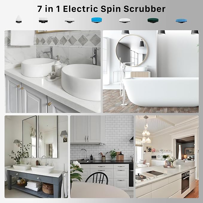 Hillyfe Black Electric Spin Scrubber, Cordless Shower Scrubber with Long Handle, Power Tub & Floor Scrubber, Shower Cleaner Brush for Bathroom, Grout and Tile, 7 Heads, IPX7 Waterproof
