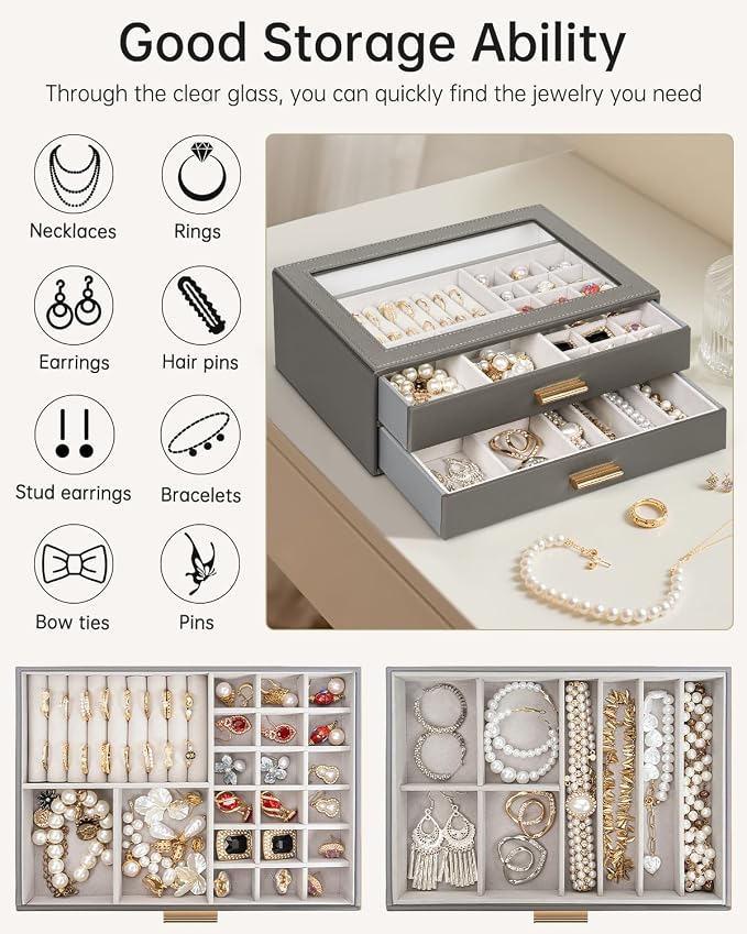 AKOZLIN Jewelry Box with Clear Lid Functional Leather Jewelry Storage Organizer Case 2 Drawers for Women Girls Necklace Ring Bracelet Earring