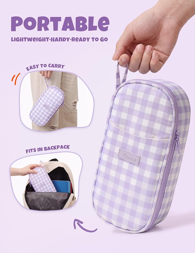 SUNEE Cute Pencil Case, Large Colored Pencil Pouch, Aesthetic Pen Bag with Zipper, Kawaii Stationery Storage and Organizer, School Supplies for Teen and Adult, Boys & Girls, Purple Checkered