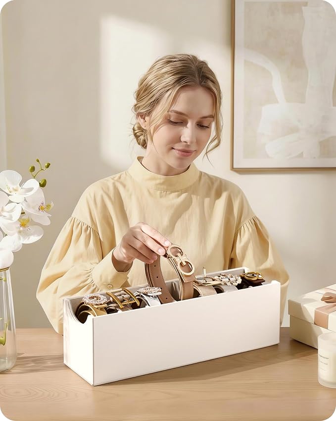 Lolalet Belt Organizer for Closet, Belt Box & Storage Drawer -Cream | PU Leather Belt Holder with 7 Extra-Wide Compartments, Soft Lining, Fits Entryway Cabinet, for Women, 2 Pack
