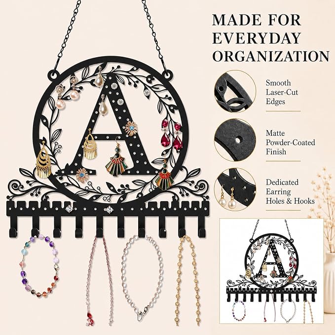 Personalized Wall Mounted Metal Initial Letter A Earring Holder Jewelry Organizer for Earrings and Necklaces Space Saving Wall Display with Hooks Jewelry Storage Bedroom Vanity Gift for Women