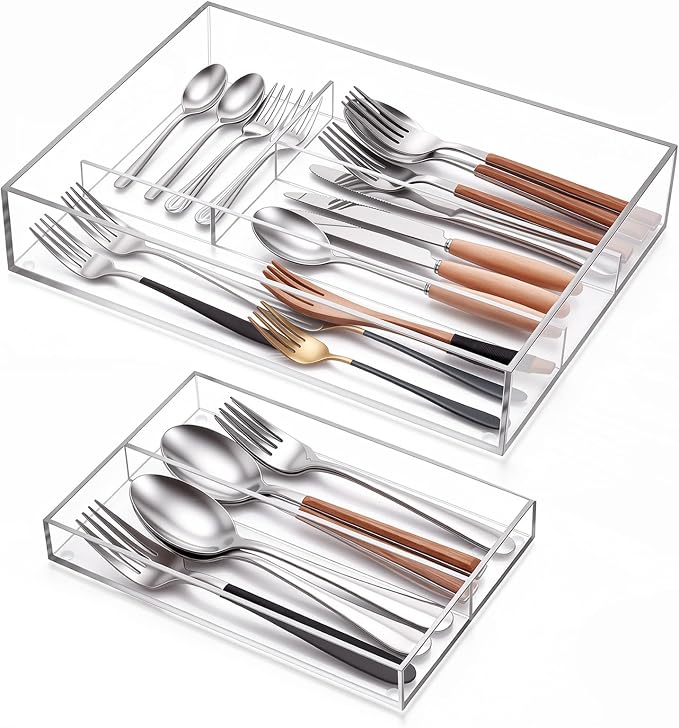 2 Layer Acrylic Deep Kitchen Utensil Drawer Organizer for Flatware Utensils | Clear Silverware Drawer Organizer with Removable Flatware Tray, Kitchen Utensil Tray for Cutlery, Chopsticks, Spoons, Forks
