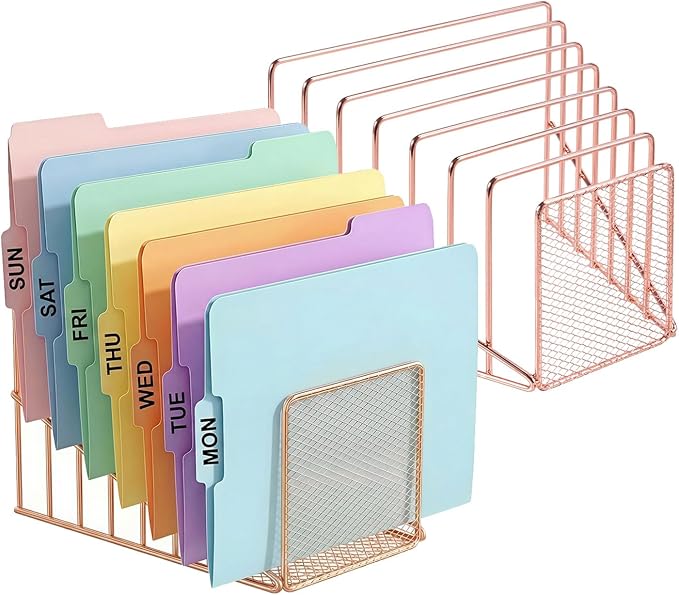 Simmer Stone 2 Pcs Incline File Sorter, 7 Slot Magazine Holder for Letter, Document, Folder and Book, Metal Desktop Organizer Rack for Home, School and Office (2-rose gold)