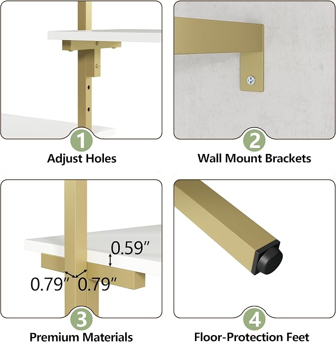 White/Gold Wall Mount Clothes Rack with 5 Hanging Rods, Clothing Rack with 6-Tier Storage Shelves, Closet Storage Organizer System Kit, Heavy Duty Garment Rack with Metal Frames (80.71" L*78.74" H)