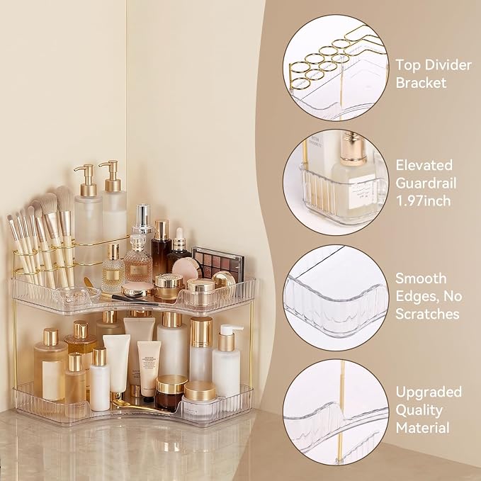 2-Tier Corner Bathroom Counter Organizer with Makeup Brush Holder, Clear | Large Makeup Organizers for Vanity, Corner Bathroom Countertop Organizer for Cosmetic Perfume Skincare Storage