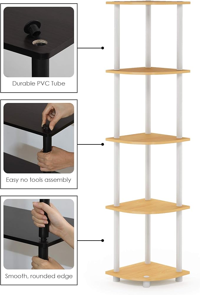 Furinno TURN-N-TUBE Corner Shelf, 5-Tier Corner Bookshelf, Open Storage Shelves, for Organization and Storage, Living Room, Home Office, Garage, Bedroom, Beech