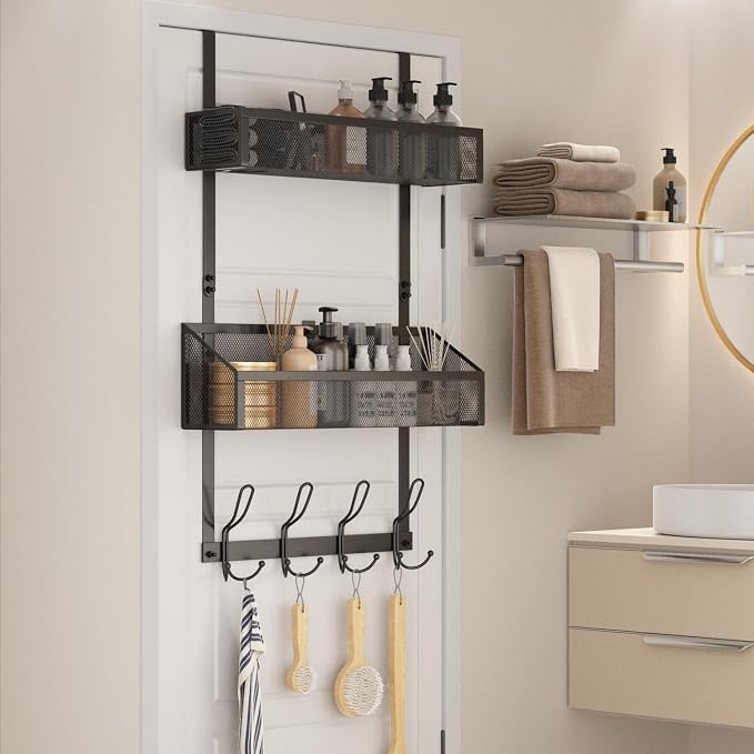 2-Tier Over Door Hook & Basket Organizer 12 Hooks + 2 Mesh Baskets for Bathroom Towels, Kitchen Pantry & Bedroom Storage, No-Drill Hanging Rack, Black
